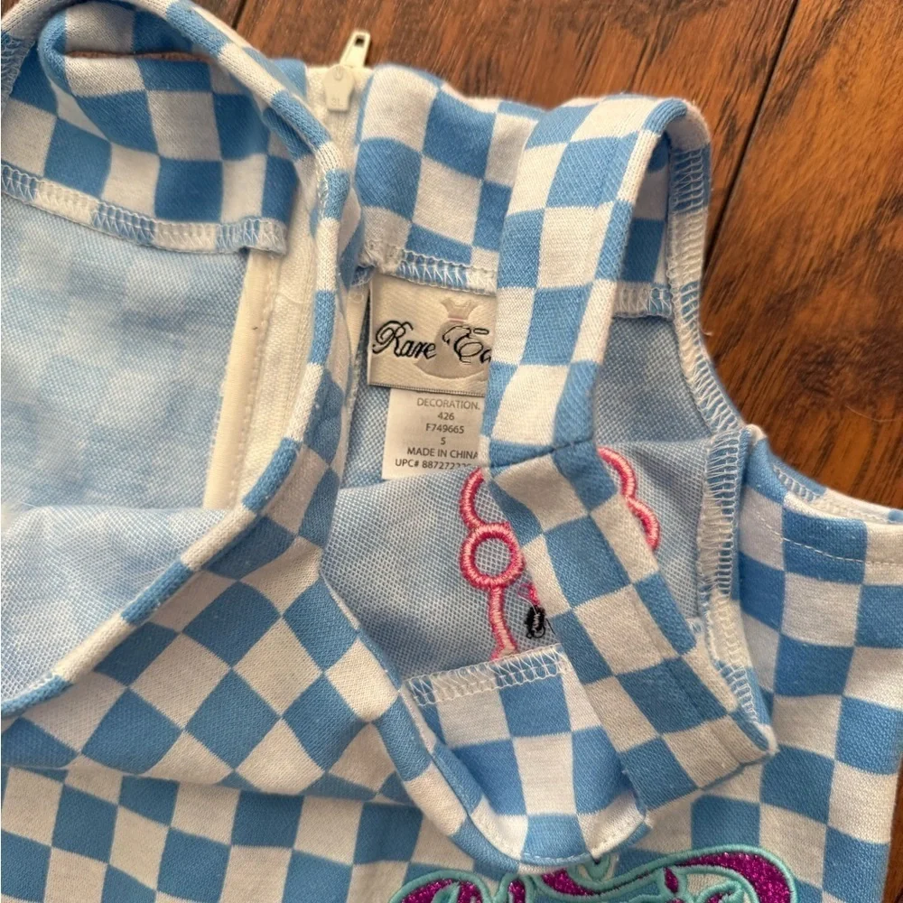 Rare Editions Girls Blue & White Checkered Romper Dress with Patches | Size 5